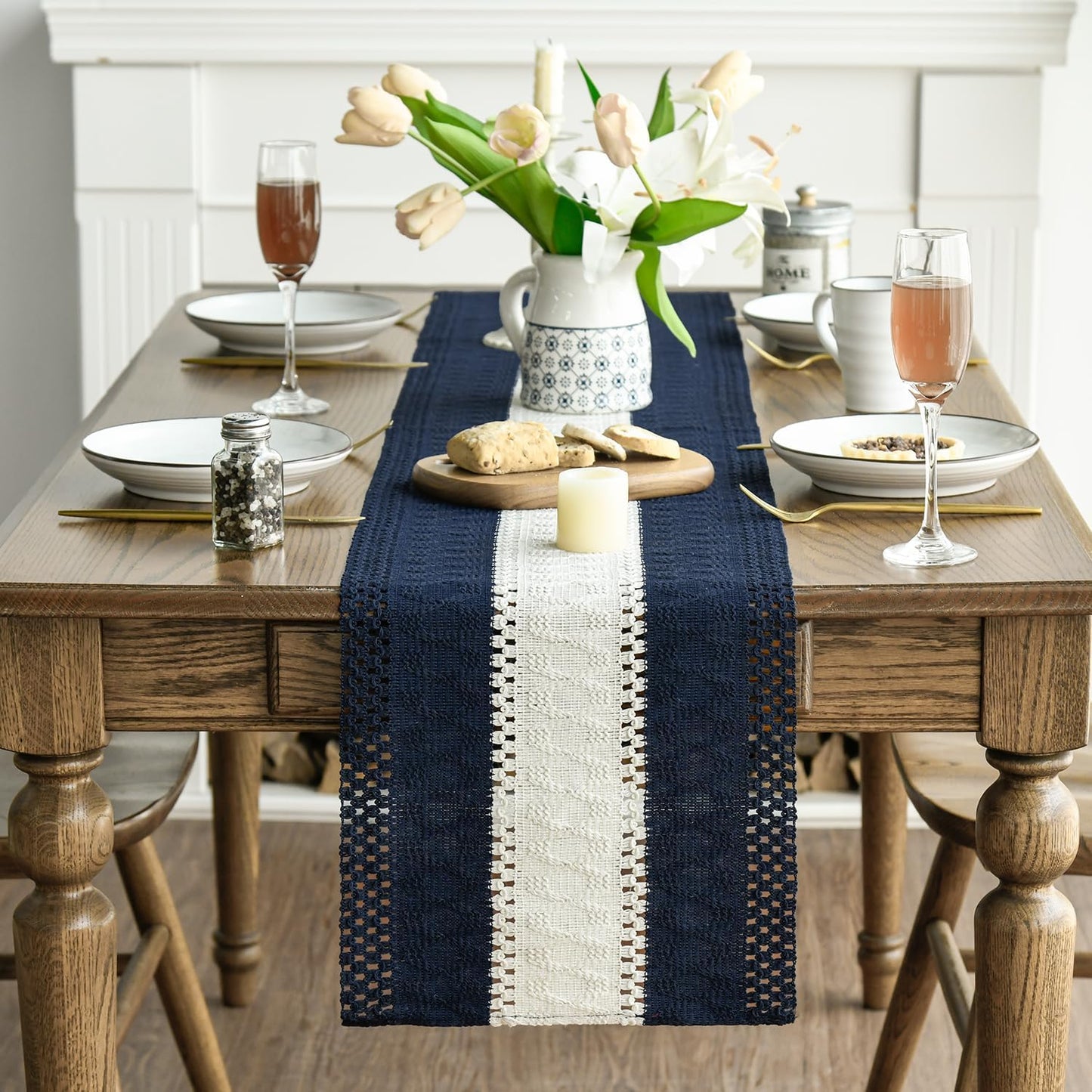 Artoid Mode Dark Blue Farmhouse Rustic Table Runner, Seasonal Hollow Kitchen Dining Table Decoration for Home Party Decor 12x60 Inch