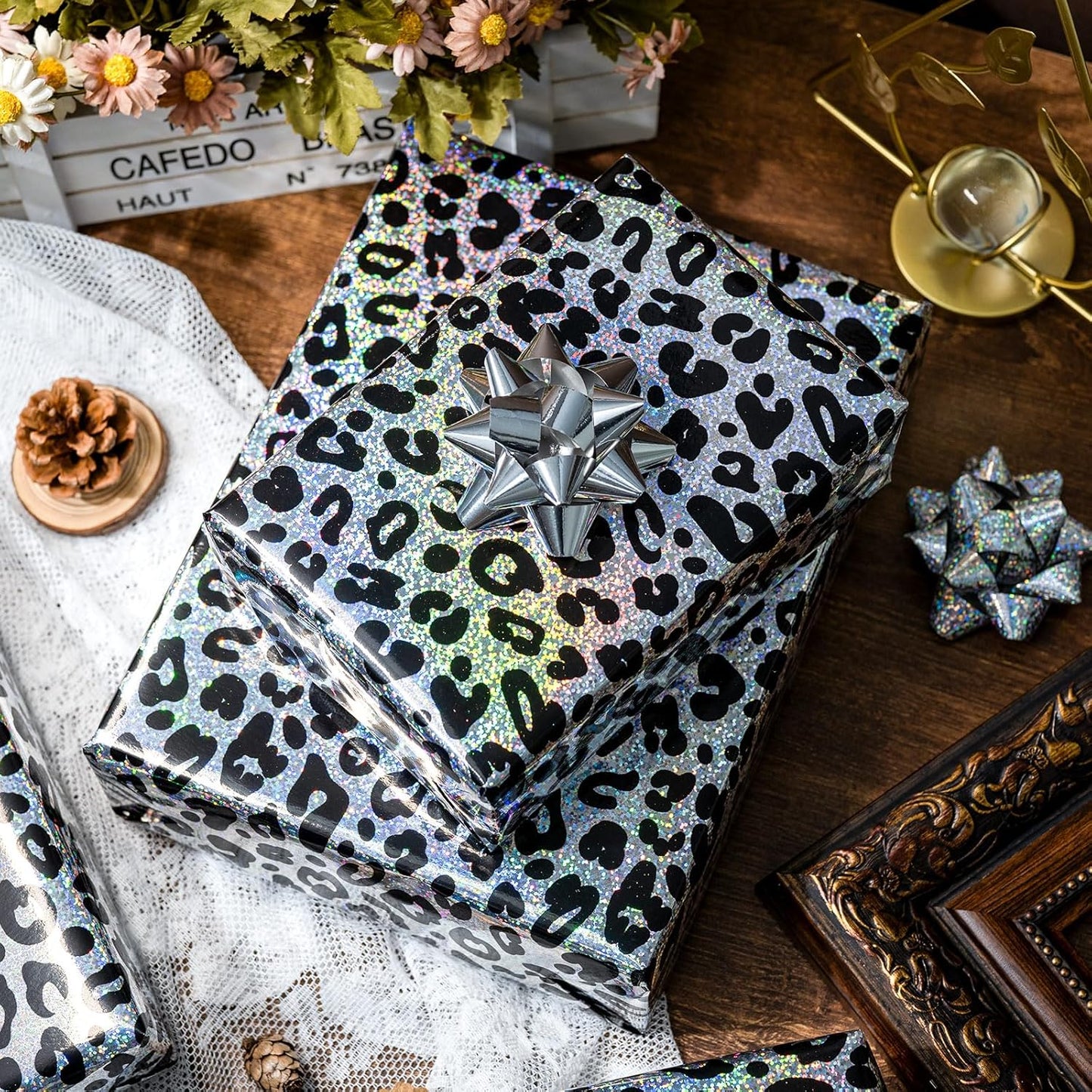 Yarcony Leopard Wrapping Paper Roll, Bold Animals Prints Wrapping Paper, Glitter Black White Cheetah Gift Wrap w/Metallic Shine for Birthday, Graduatios, Bachelorette, Christmas (17 Inch X 33 Feet)