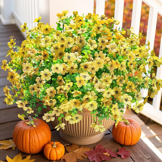 HyeFlora Artificial Fall Flowers Faux Mums for Outdoor Indoor Garden Home Decoration, Faux Flower Daisy with Eucalyptus Leaves Fake Plants Greenery Boxwood Porch Patio, 12 Bundles (Yellow)